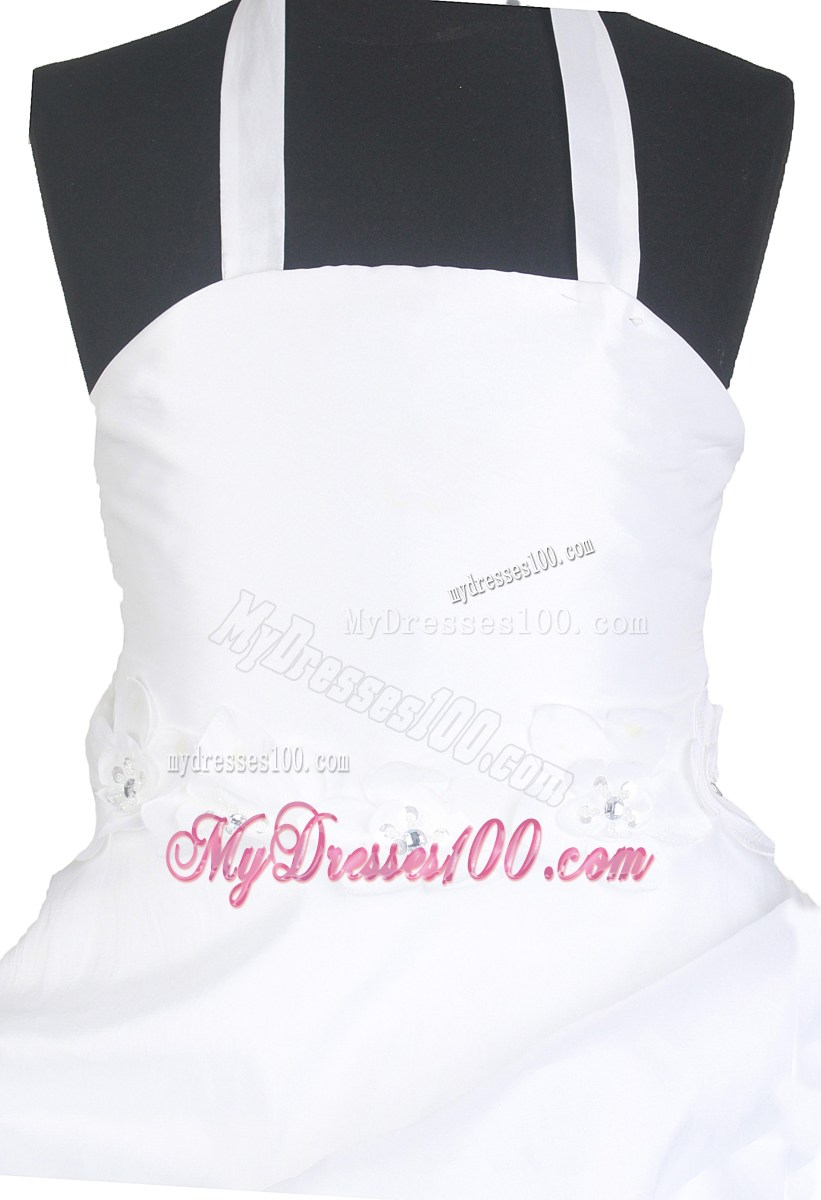 White Hand Made Flowers Halter Top Floor-length Ball Gown Little Gril Pageant Dress
