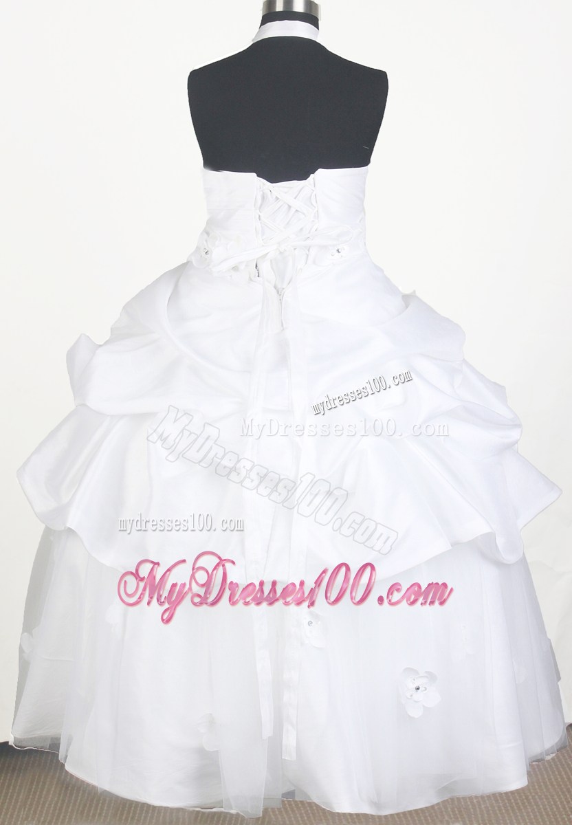 White Hand Made Flowers Halter Top Floor-length Ball Gown Little Gril Pageant Dress