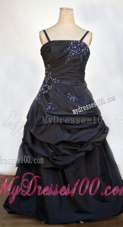 Simple Floor-length Navy Blue Straps Beading Little Girl Pageant Dresses