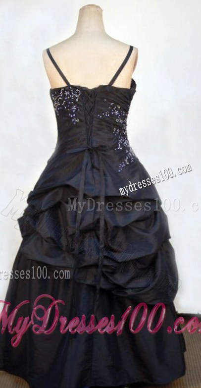 Simple Floor-length Navy Blue Straps Beading Little Girl Pageant Dresses