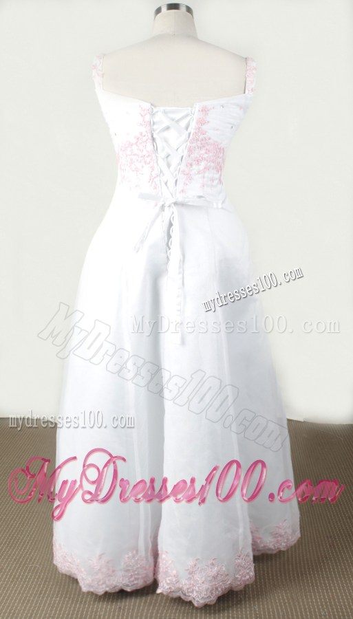 White Appliques For Little Girl Pageant Dresses With Straps and Floor-length
