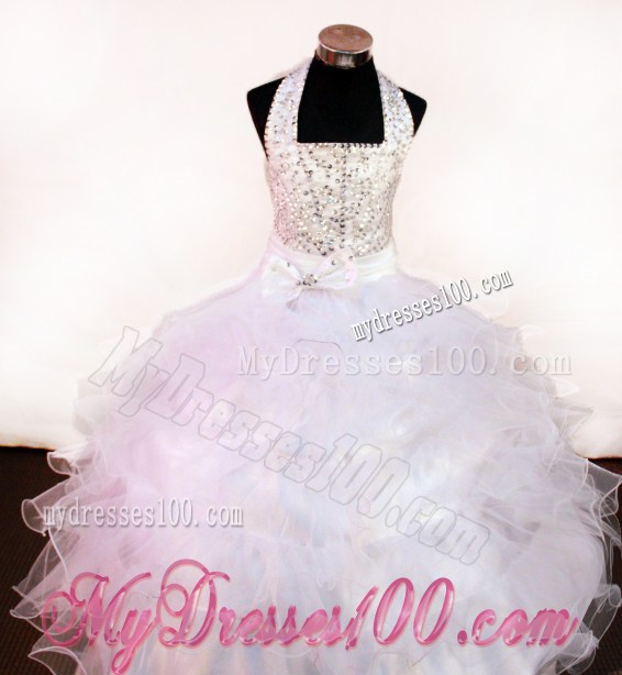White Beading and Halter For Little Girl Pageant Dresses With Organza and Floor-length