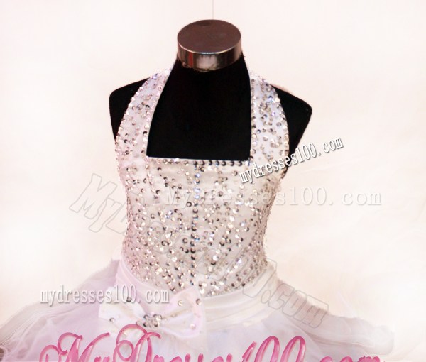 White Beading and Halter For Little Girl Pageant Dresses With Organza and Floor-length