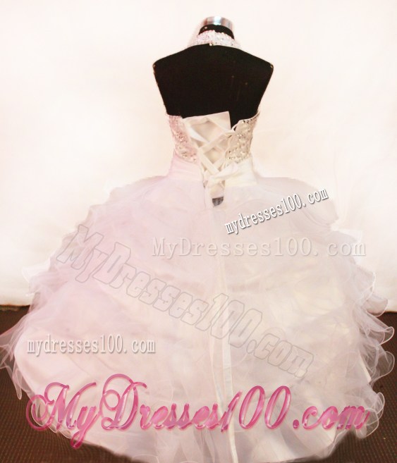 White Beading and Halter For Little Girl Pageant Dresses With Organza and Floor-length