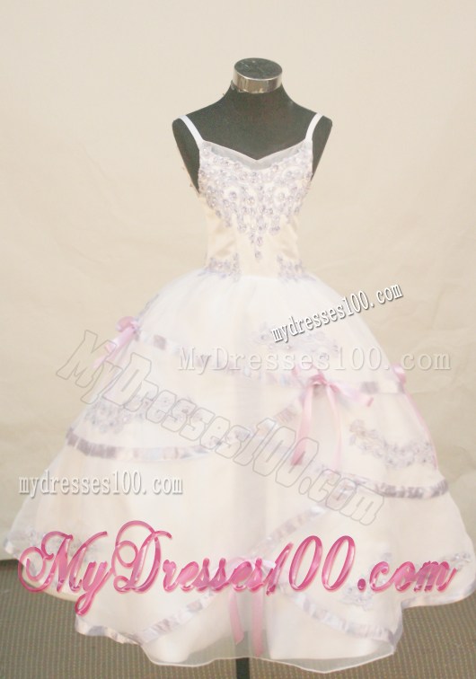White Princess Flower Girl Pageant Dress With Appliques Decorate Spaghetti Straps Neckline