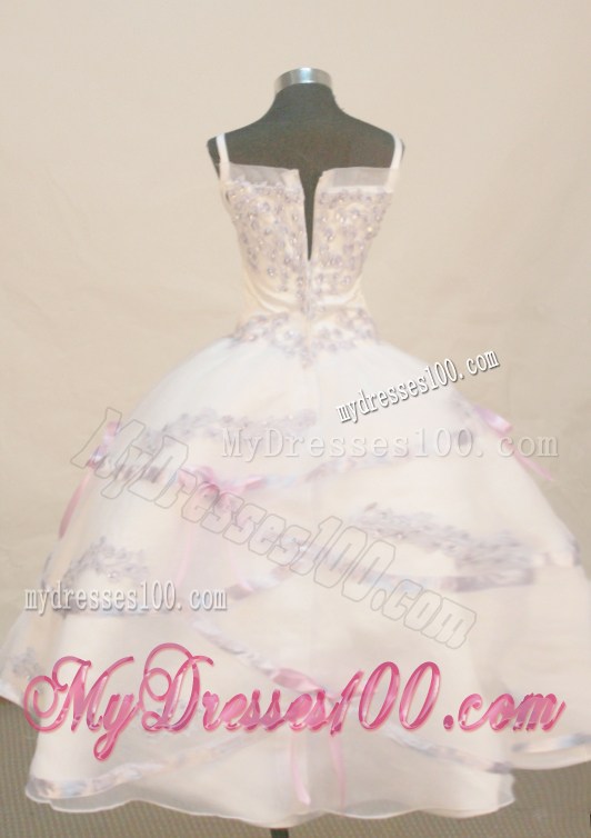 White Princess Flower Girl Pageant Dress With Appliques Decorate Spaghetti Straps Neckline