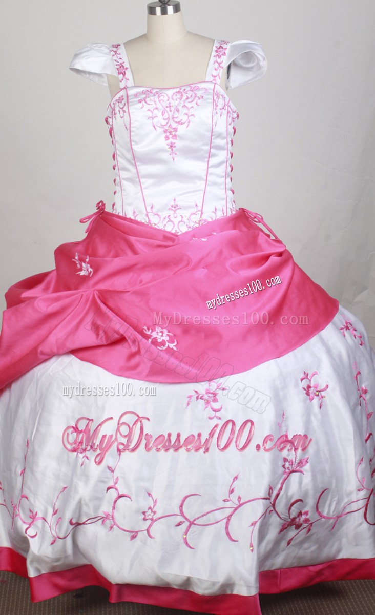 White and Hot Pink Embroidery Decorate Flower Girl Pageant Dresses Cap Sleeves
