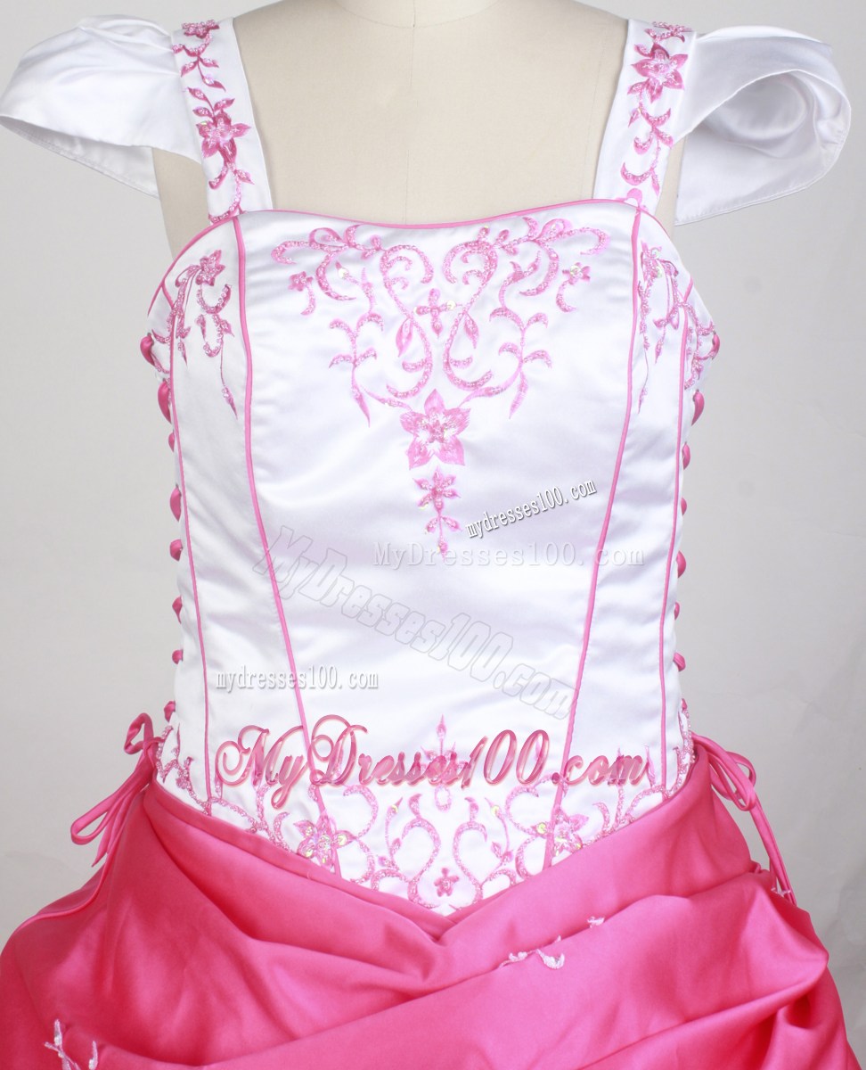 White and Hot Pink Embroidery Decorate Flower Girl Pageant Dresses Cap Sleeves