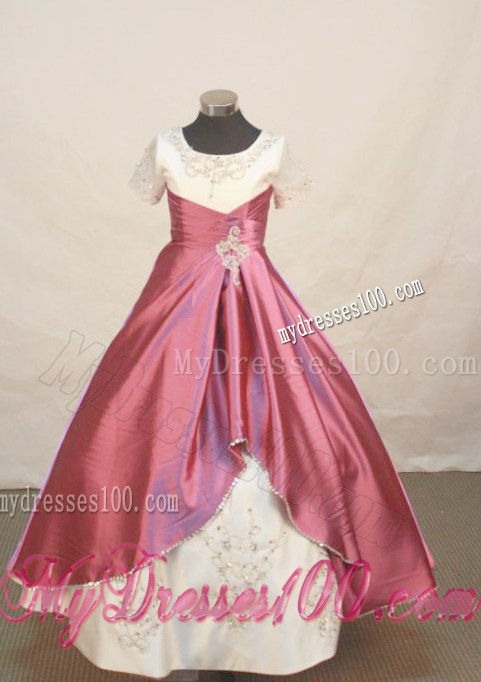 White and Red Classical Princess Flower Girl Pageant Dresses With Scoop Neckline Beaded and Embroidery Decorate