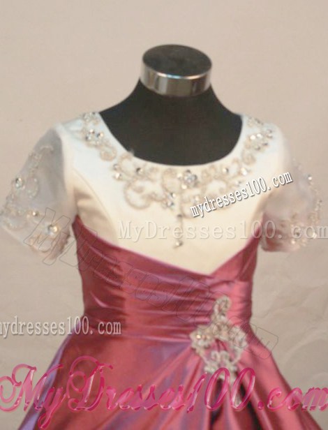 White and Red Classical Princess Flower Girl Pageant Dresses With Scoop Neckline Beaded and Embroidery Decorate