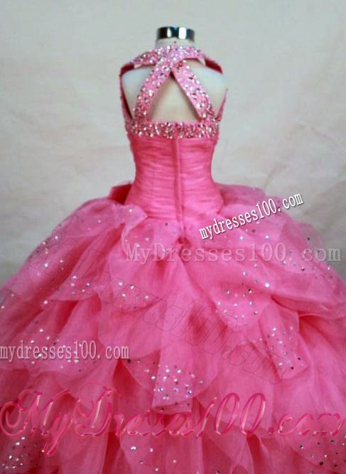 Wonderful Halter Top Hot Pink Beading Little Girl Pageant Dresses