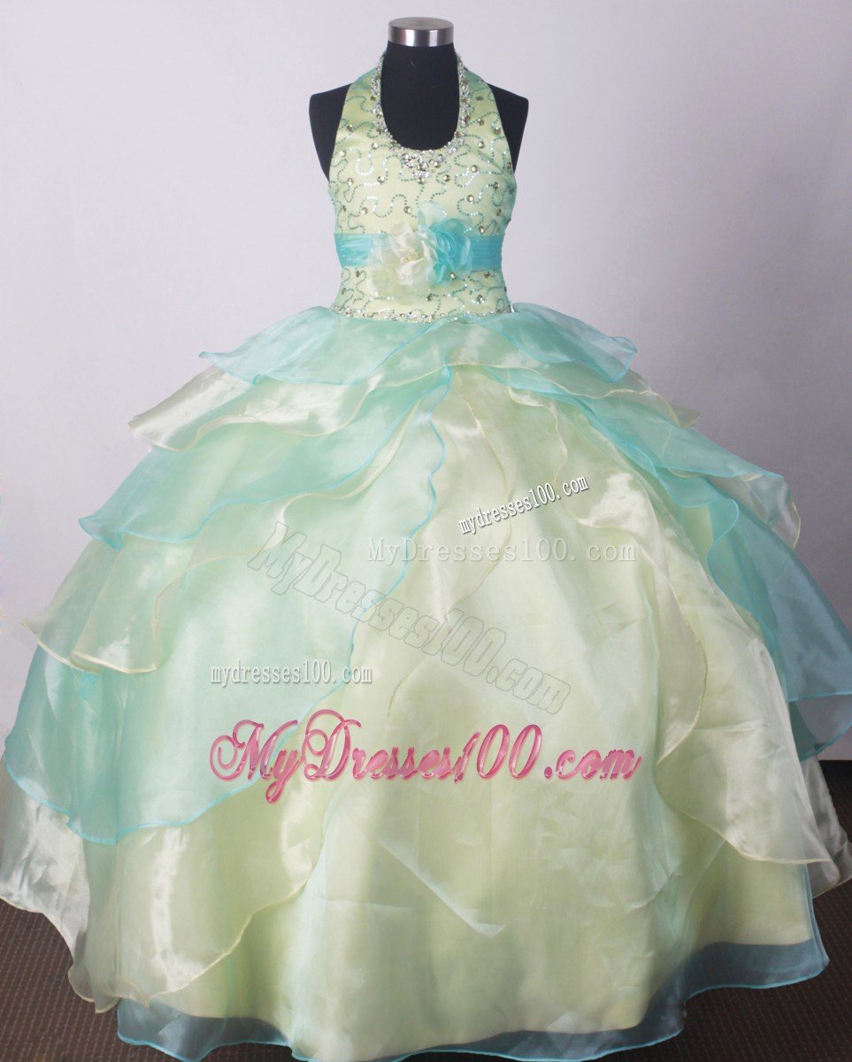 Yellow Green Little Girl Pageant Dresses With Beading Hand Made Flower