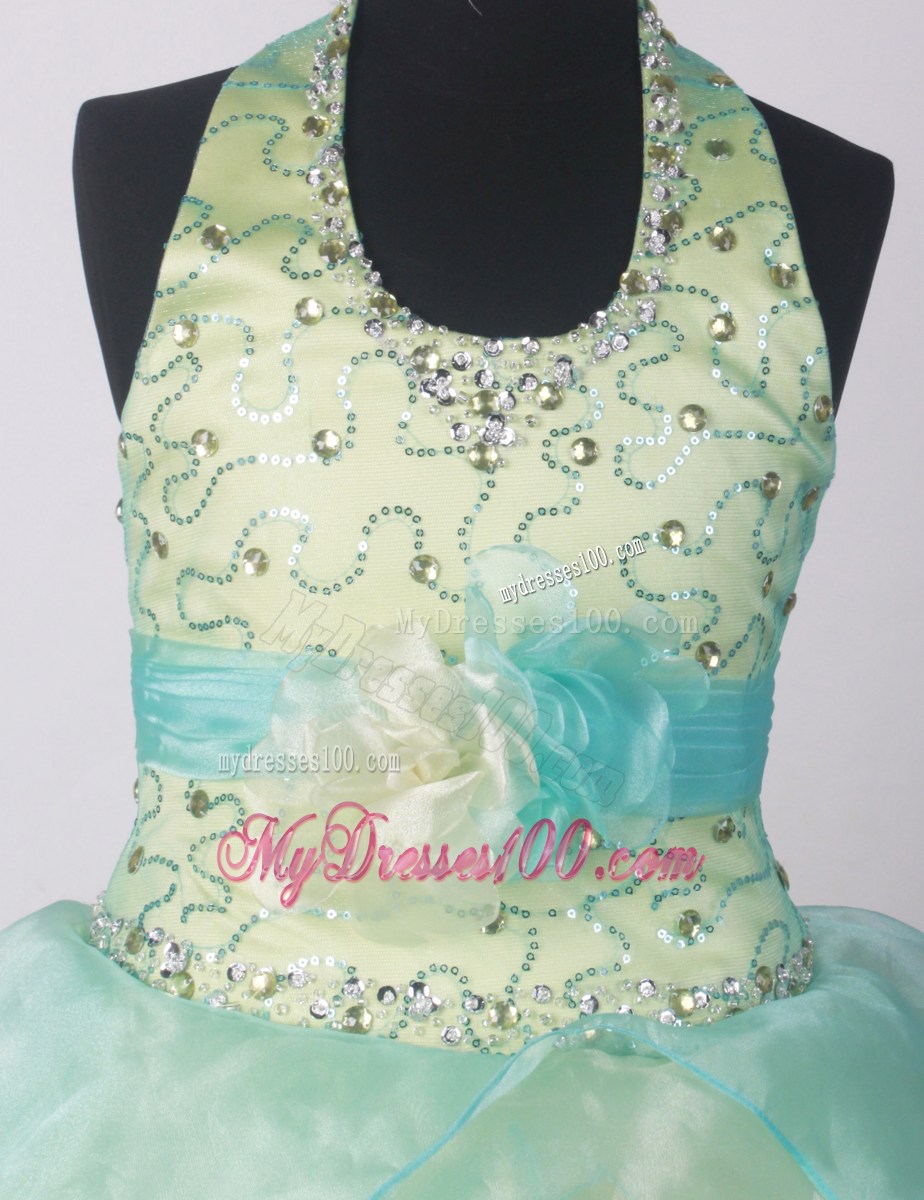 Yellow Green Little Girl Pageant Dresses With Beading Hand Made Flower