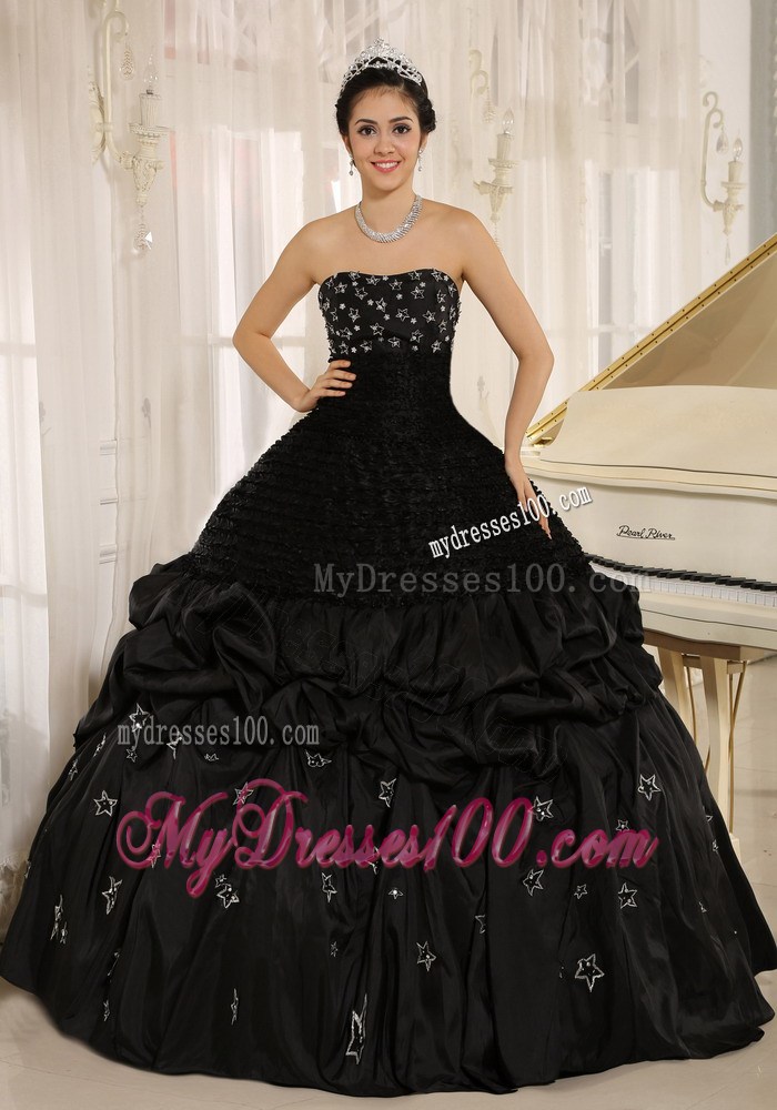 Black Strapless Dress for Sweet 15 with Appliques and Pick-ups
