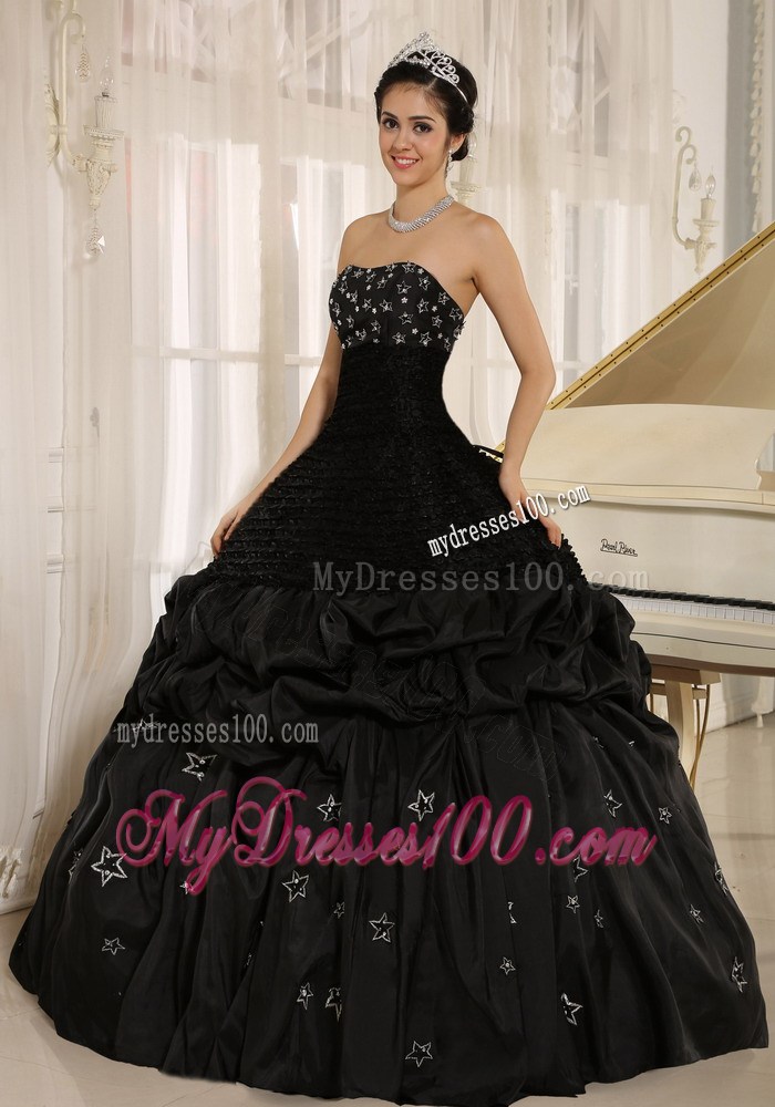Black Strapless Dress for Sweet 15 with Appliques and Pick-ups