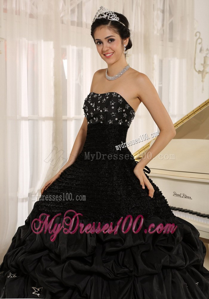 Black Strapless Dress for Sweet 15 with Appliques and Pick-ups
