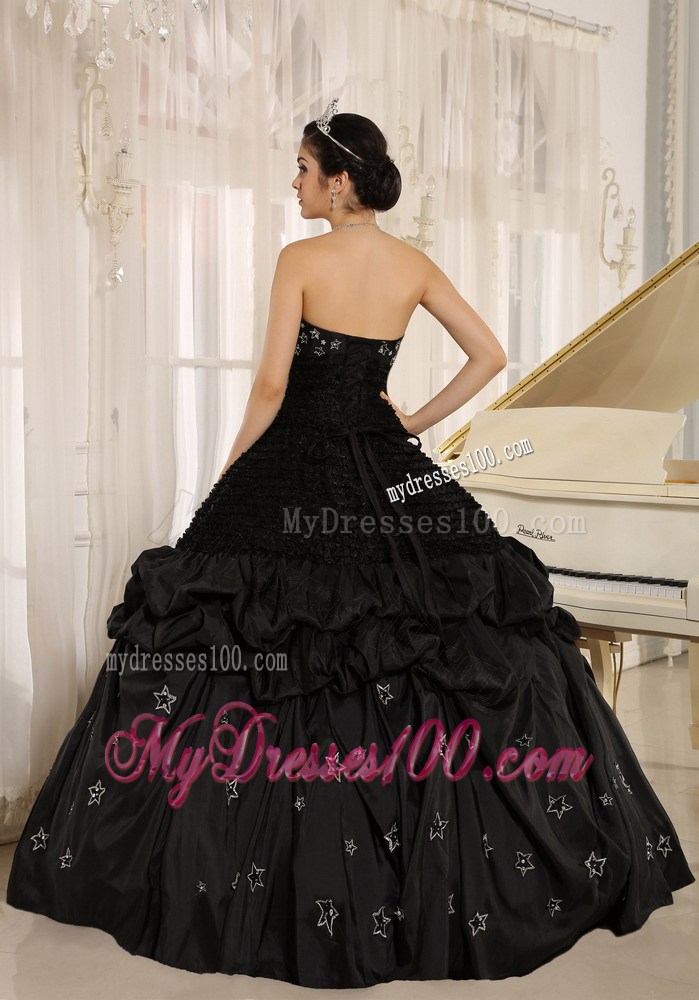 Black Strapless Dress for Sweet 15 with Appliques and Pick-ups