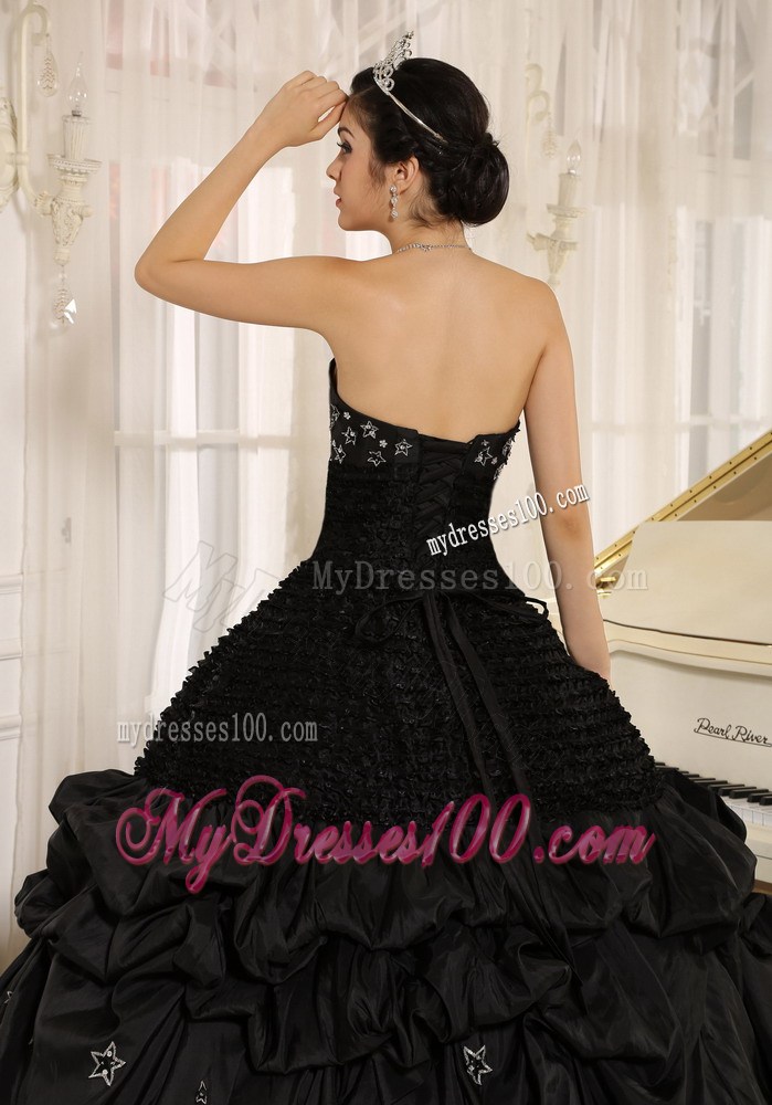 Black Strapless Dress for Sweet 15 with Appliques and Pick-ups