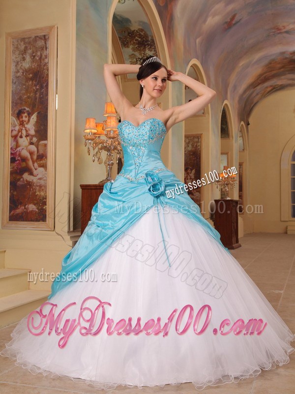 Pretty Tulle and Taffeta Quince Dress with Flowers and Appliques