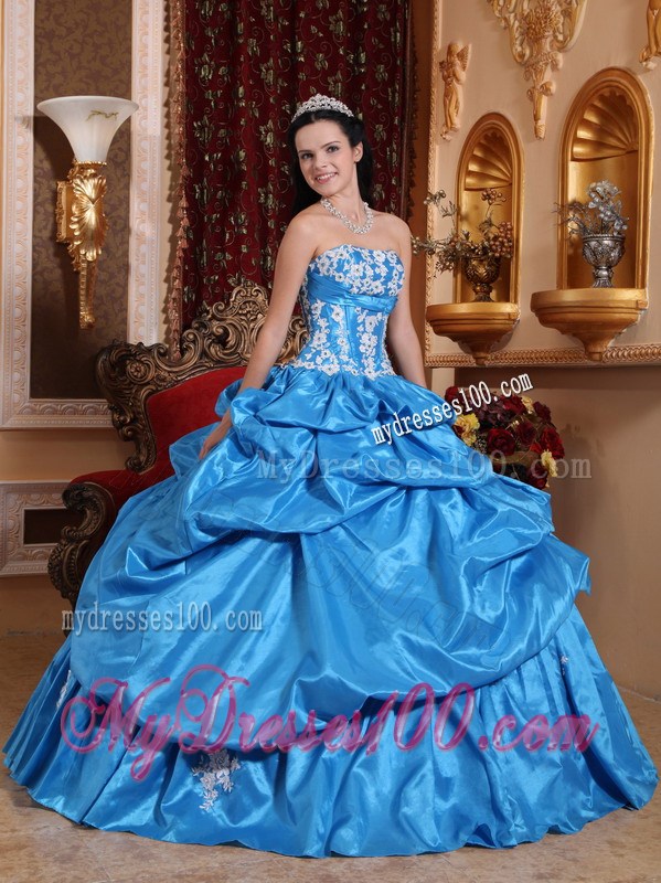 Baby Blue Ruched Ball Gown with White Appliques Quince Dress