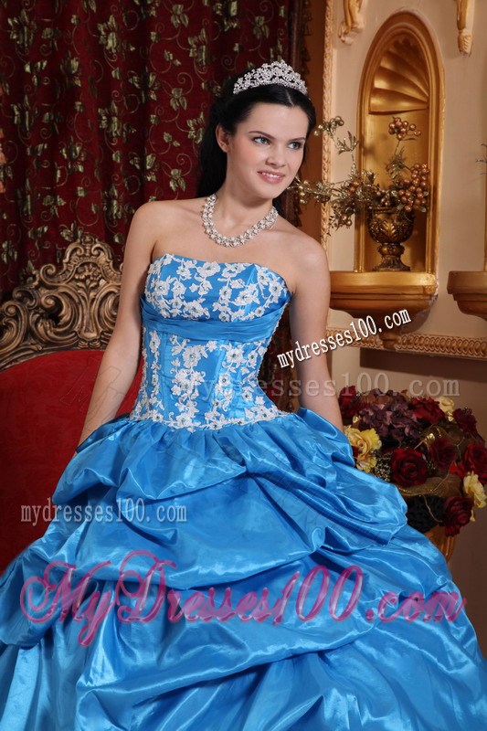Baby Blue Ruched Ball Gown with White Appliques Quince Dress