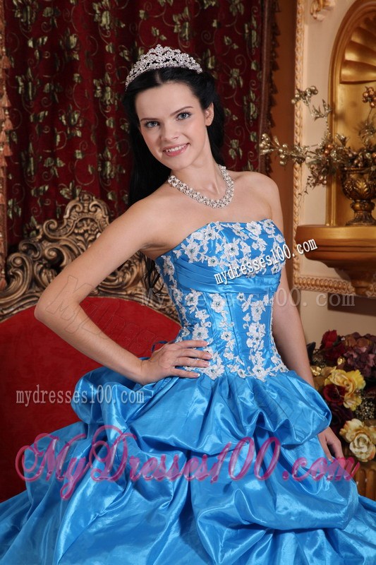 Baby Blue Ruched Ball Gown with White Appliques Quince Dress