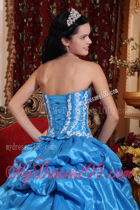Baby Blue Ruched Ball Gown with White Appliques Quince Dress