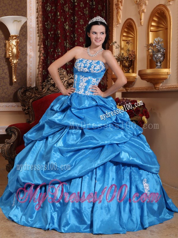 Baby Blue Ruched Ball Gown with White Appliques Quince Dress