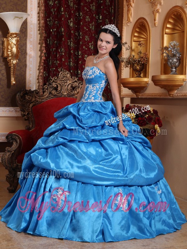 Baby Blue Ruched Ball Gown with White Appliques Quince Dress