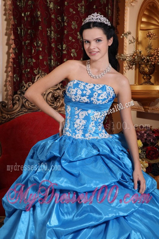 Baby Blue Ruched Ball Gown with White Appliques Quince Dress