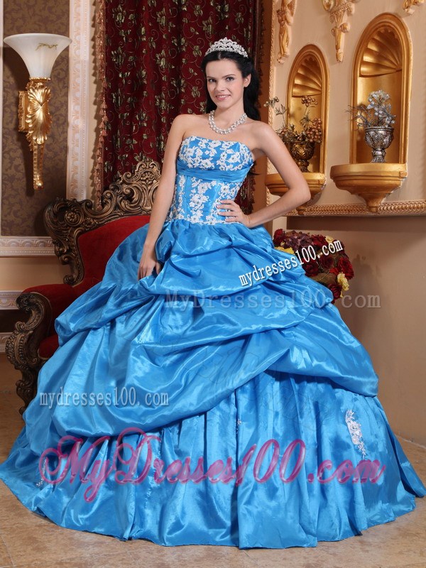 Baby Blue Ruched Ball Gown with White Appliques Quince Dress