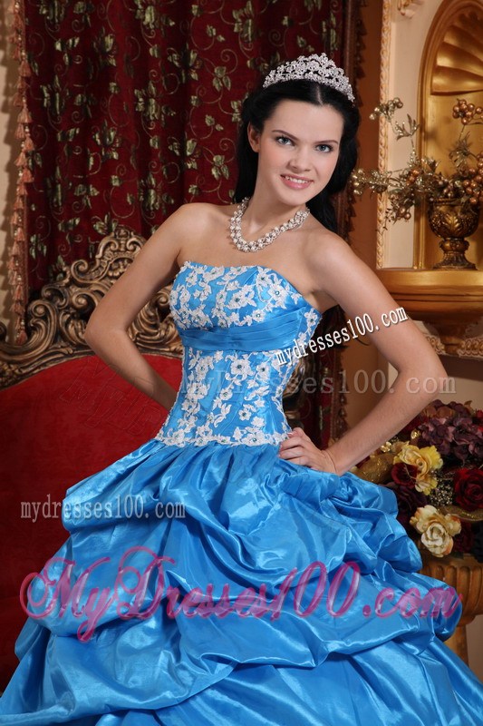 Baby Blue Ruched Ball Gown with White Appliques Quince Dress