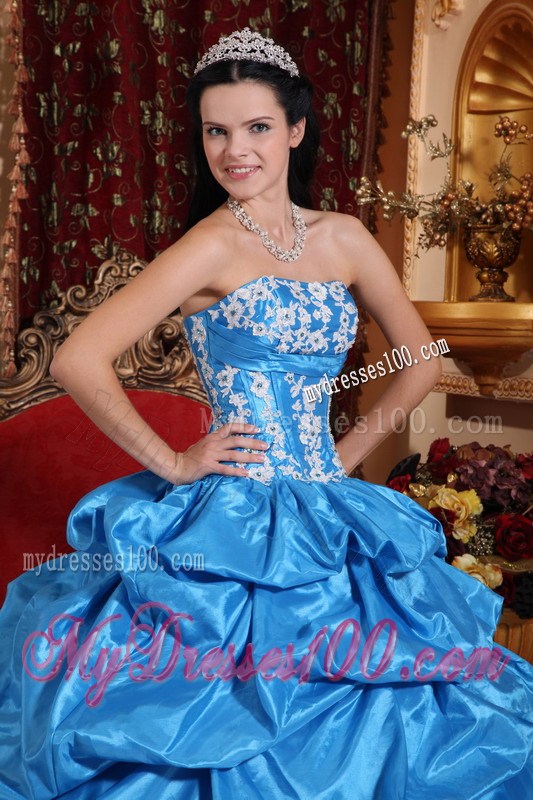 Baby Blue Ruched Ball Gown with White Appliques Quince Dress