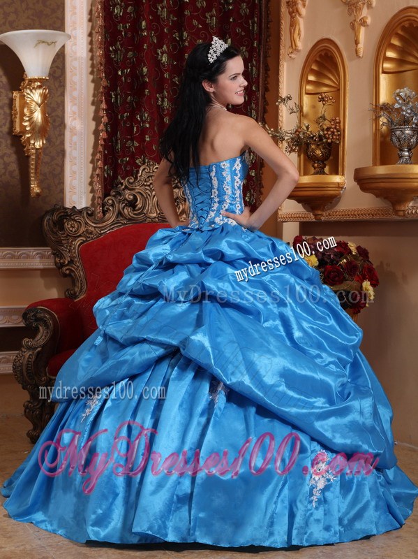 Baby Blue Ruched Ball Gown with White Appliques Quince Dress