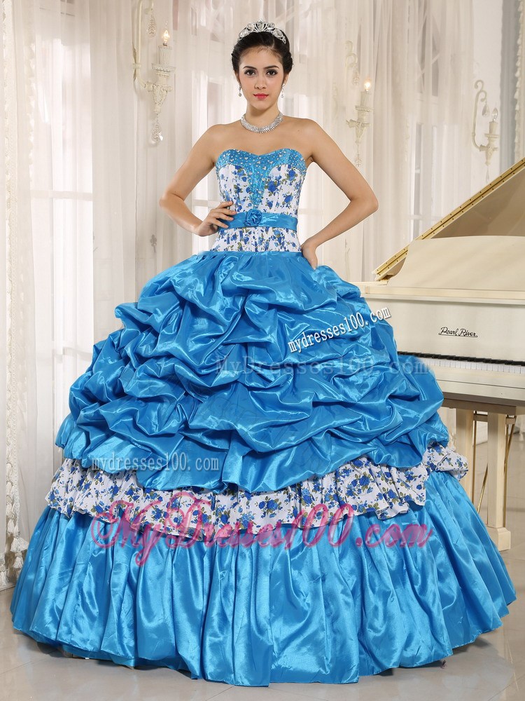 Aqua Blue Beaded Quinceanera Dress with Pick-ups and Printing