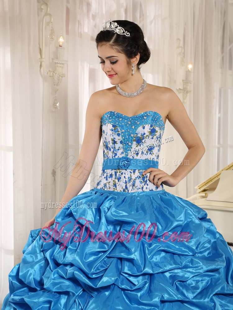 Aqua Blue Beaded Quinceanera Dress with Pick-ups and Printing