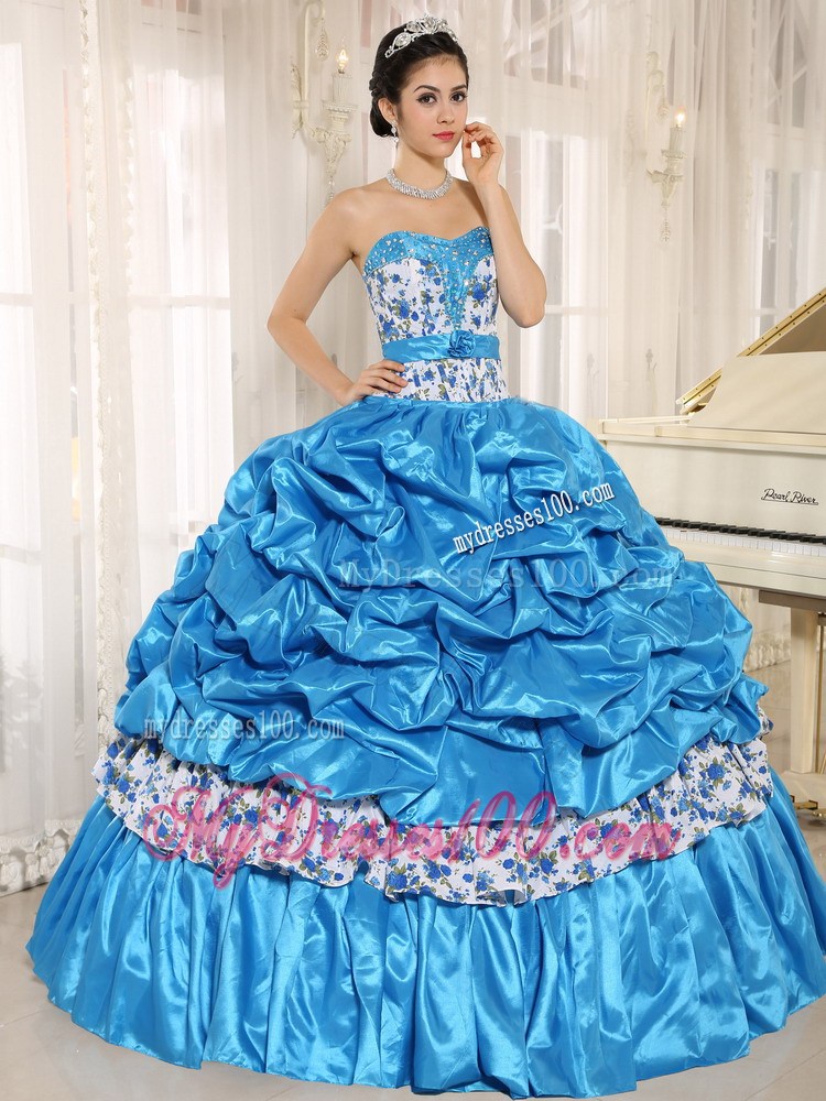 Aqua Blue Beaded Quinceanera Dress with Pick-ups and Printing