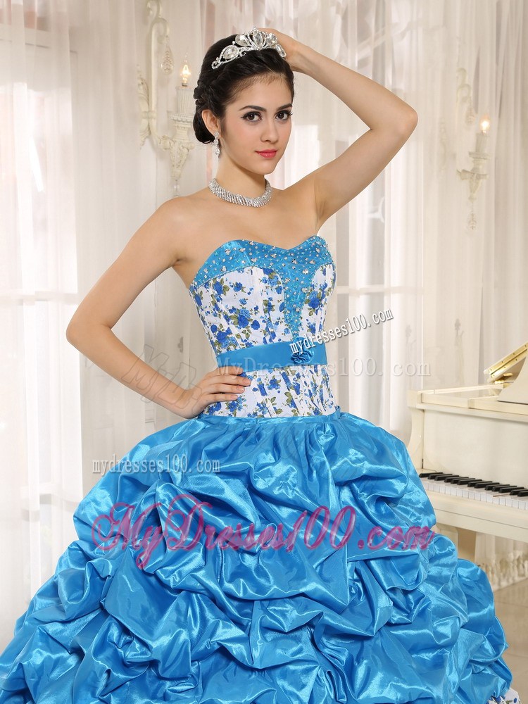 Aqua Blue Beaded Quinceanera Dress with Pick-ups and Printing