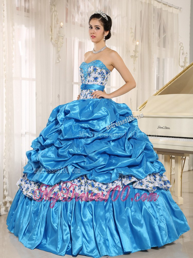 Aqua Blue Beaded Quinceanera Dress with Pick-ups and Printing
