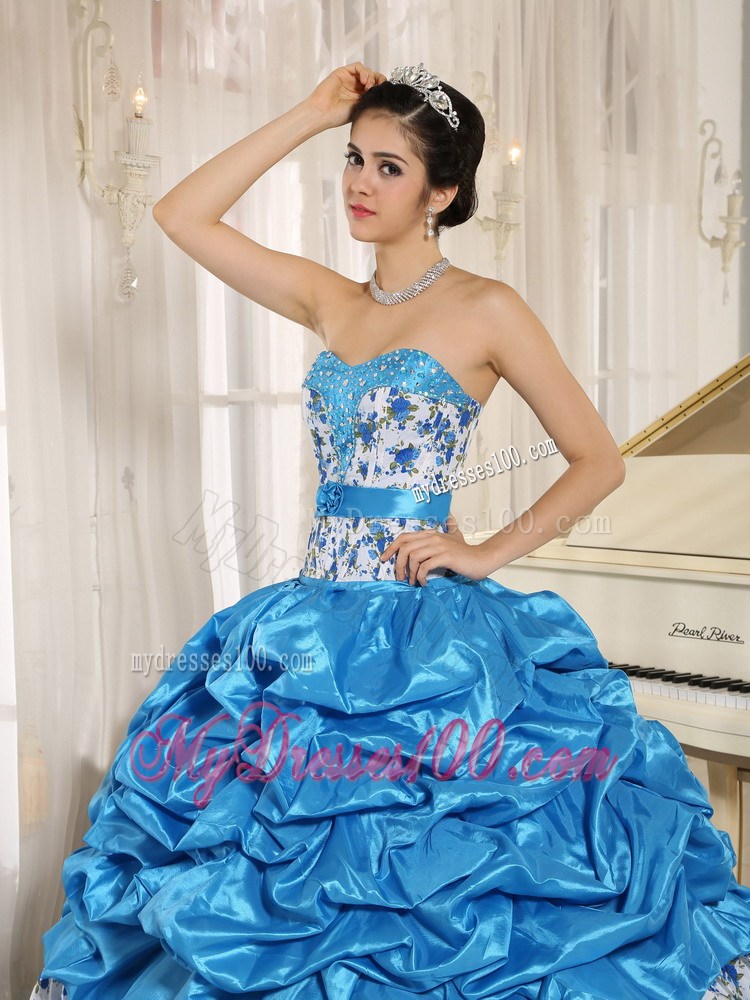 Aqua Blue Beaded Quinceanera Dress with Pick-ups and Printing
