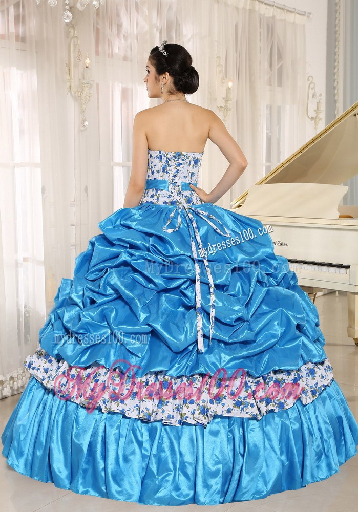 Aqua Blue Beaded Quinceanera Dress with Pick-ups and Printing