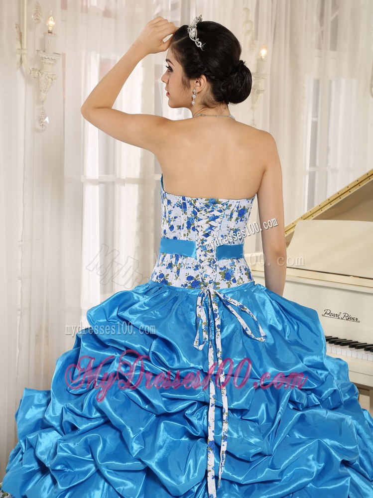 Aqua Blue Beaded Quinceanera Dress with Pick-ups and Printing