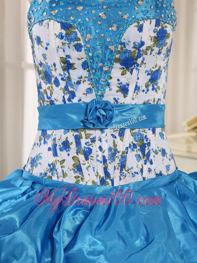 Aqua Blue Beaded Quinceanera Dress with Pick-ups and Printing