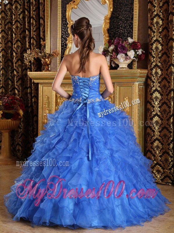 Blue Puffy Ball Gown Quince Dresses with Beautiful Embroidery