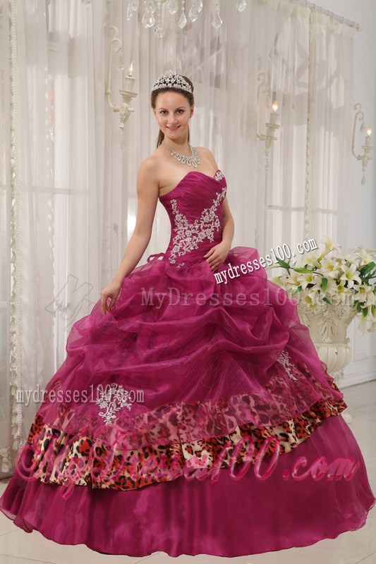 Burgundy Ruched Ball Gown Corset Back Quince Dress with Leopard