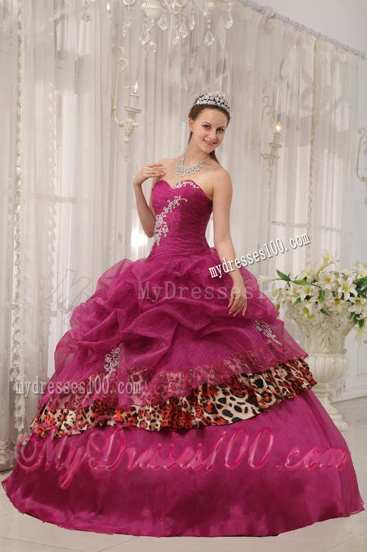 Burgundy Ruched Ball Gown Corset Back Quince Dress with Leopard
