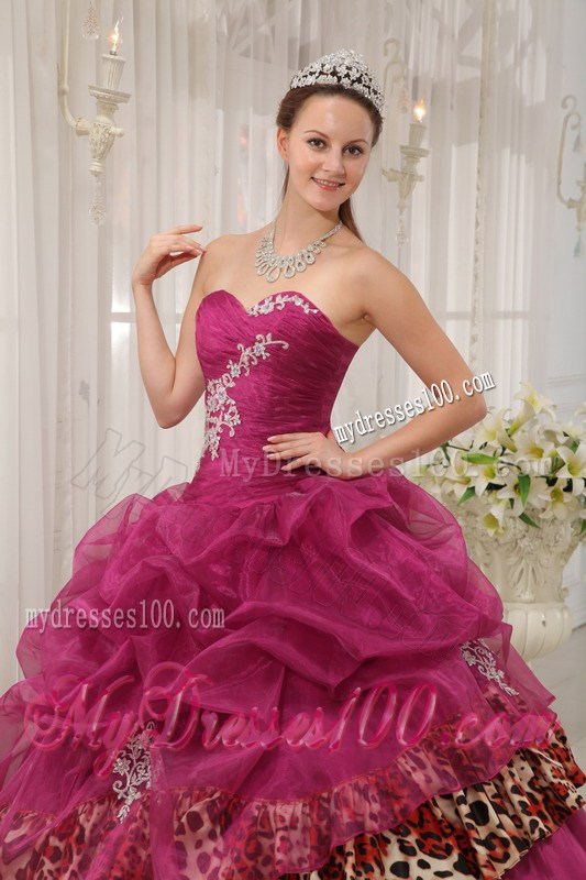 Burgundy Ruched Ball Gown Corset Back Quince Dress with Leopard