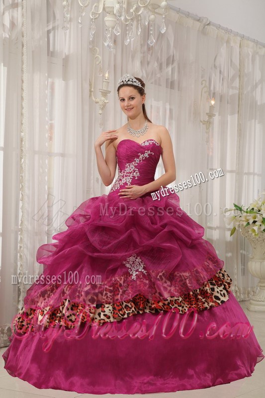 Burgundy Ruched Ball Gown Corset Back Quince Dress with Leopard