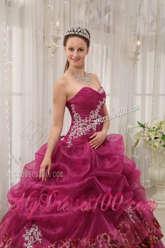 Burgundy Ruched Ball Gown Corset Back Quince Dress with Leopard