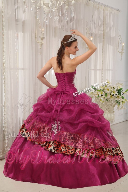 Burgundy Ruched Ball Gown Corset Back Quince Dress with Leopard